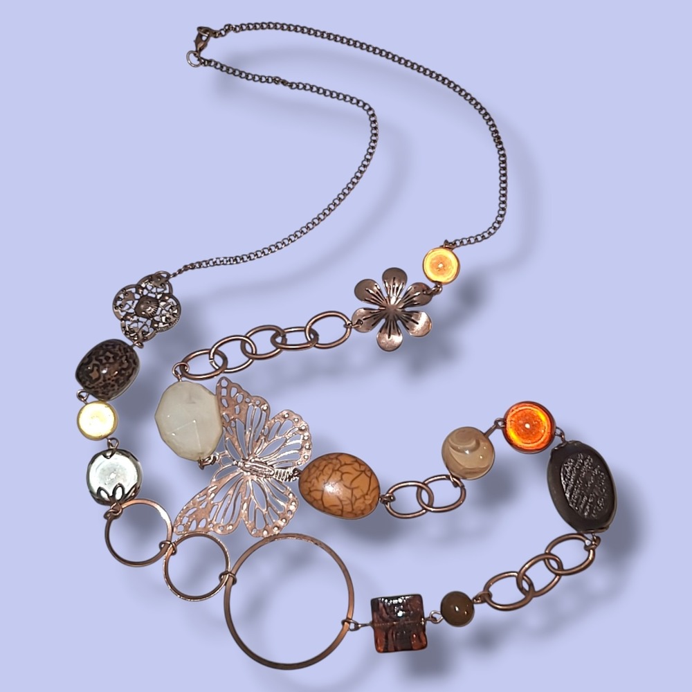 Vintage Copper Tone Statement Necklace Butterfly Beads Acrylic Wood‎ 34"
